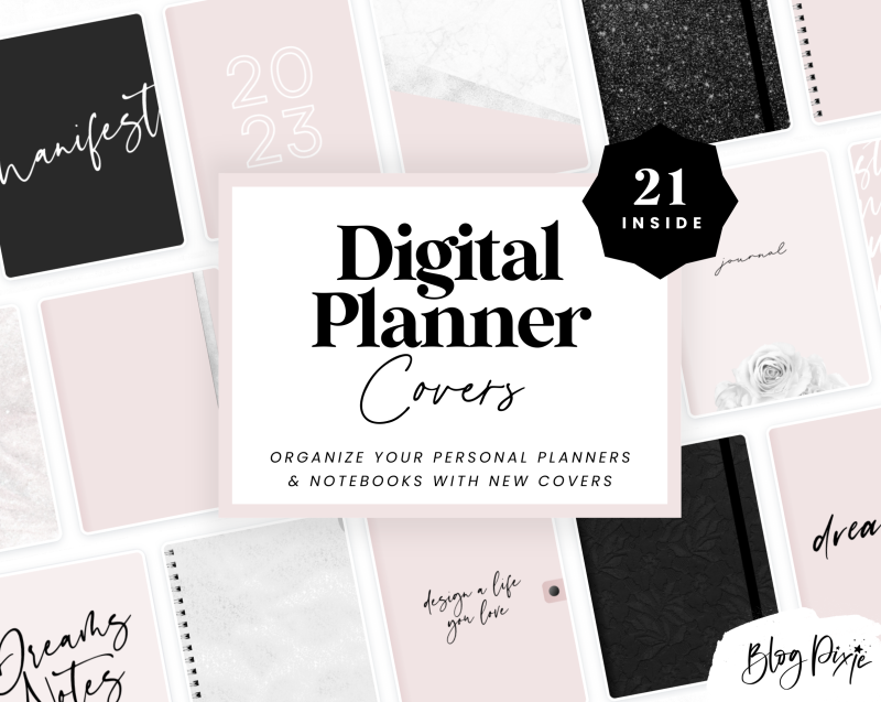Digital planner covers in blush pink, black and marble for Goodnotes