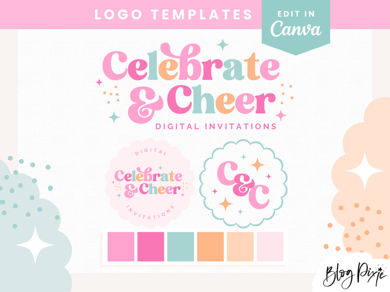 Editable logo design for Canva. A logo template in pastel colors for a fun party small business