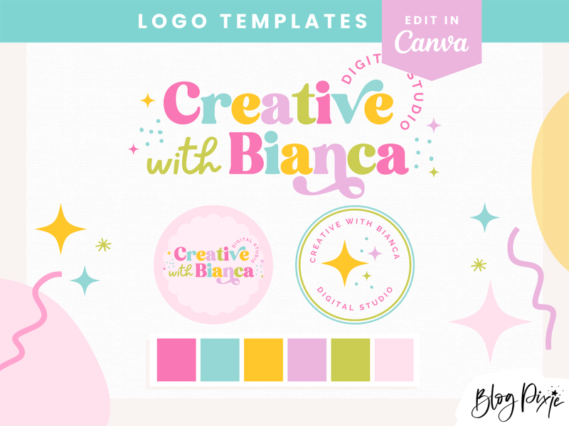 Fun bright retro logo design editable in Canva