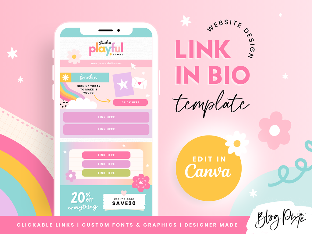 Link in bio template to edit in Canva in a fun rainbow design for your links website