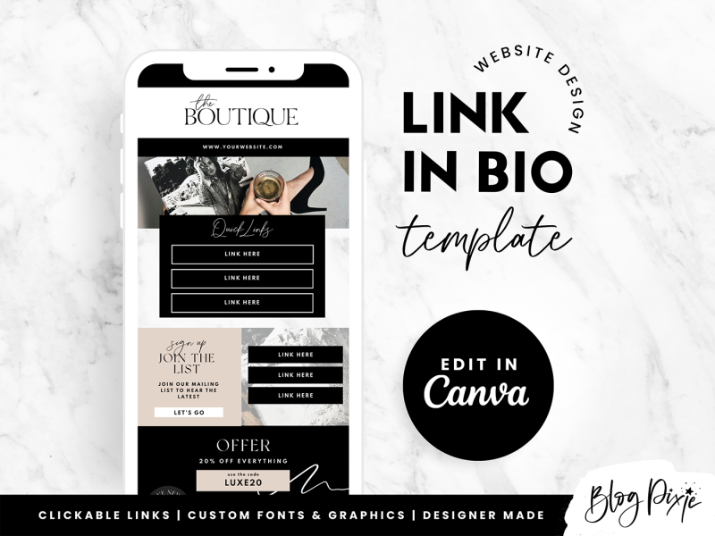 Link in bio website template to edit in Canva in modern black and white