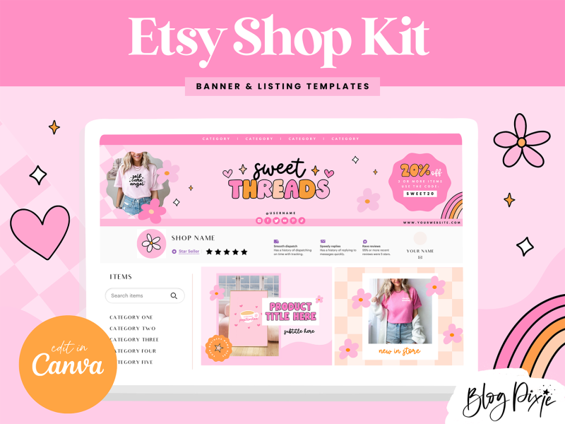 Pink retro branding kit for Etsy